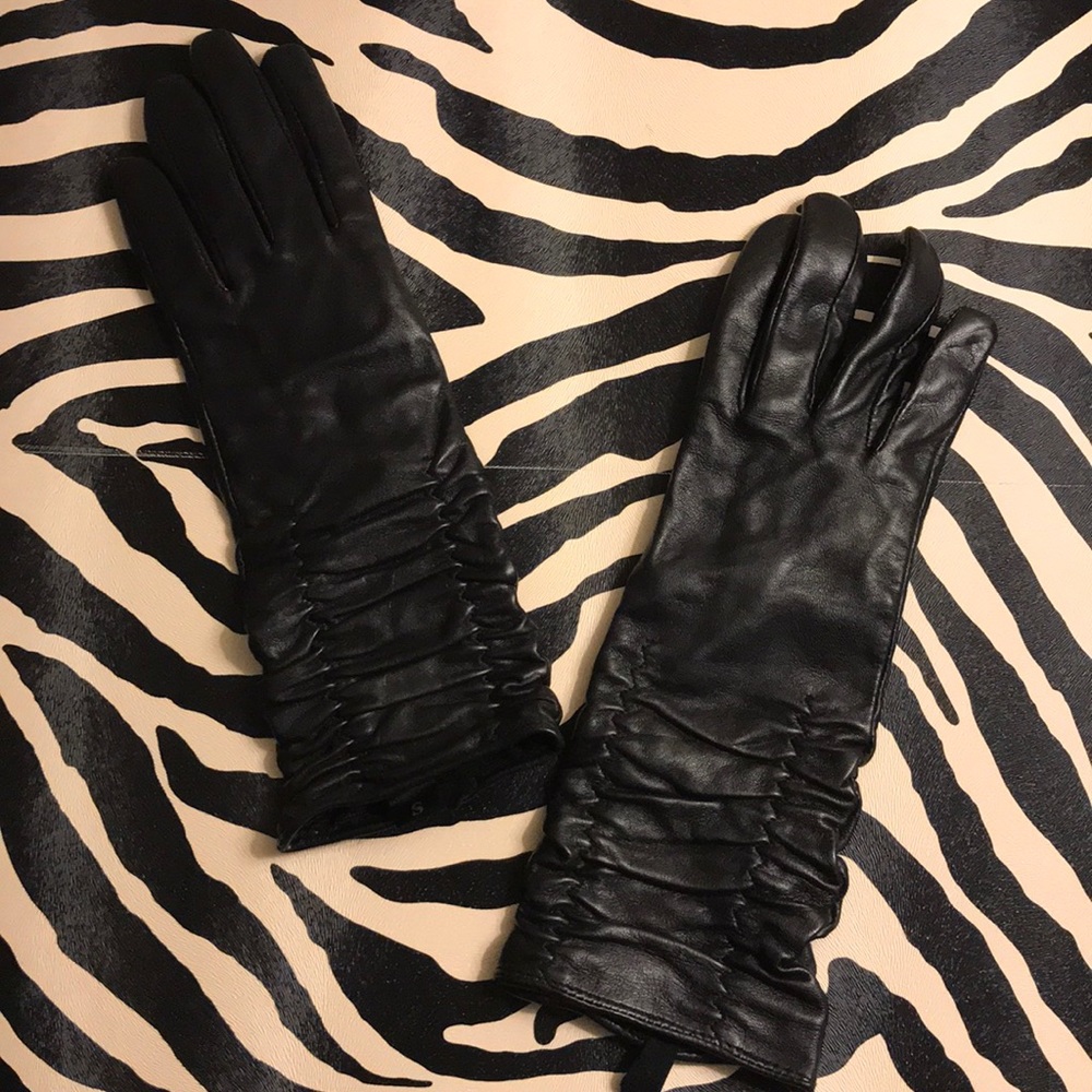 Long beautiful, ruched leather gloves